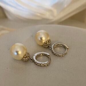 Dainty Vintage Silver Tone Hoop Earrings Pearl Drops Elegant Dangle Earrings
